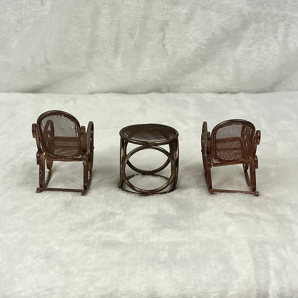 Vintage Brass Miniature Dollhouse Rocking Chairs & Table Set Woven Seat 1:12 - Picture 4 of 11